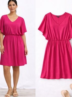Nina Leonard Hot Pink Flutter Sleeve Dress – Size Large